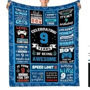 Celebrating 9 Years of Being Awesome Blanket - Blue Graphic Birthday Throw